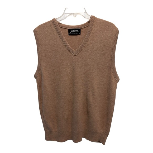 Vintage Jantzen Sweater Vest Mens Large Tan Brown Knit V-Neck Pullover USA Made - Picture 1 of 5